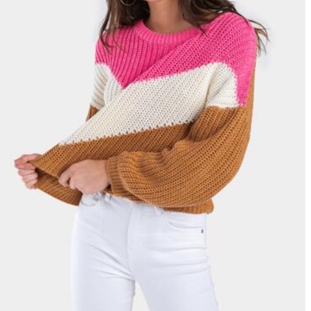 Lumiere Color Blocked Knit Oversized Tan Pink Cream Chevron Stripe Knit Sweater